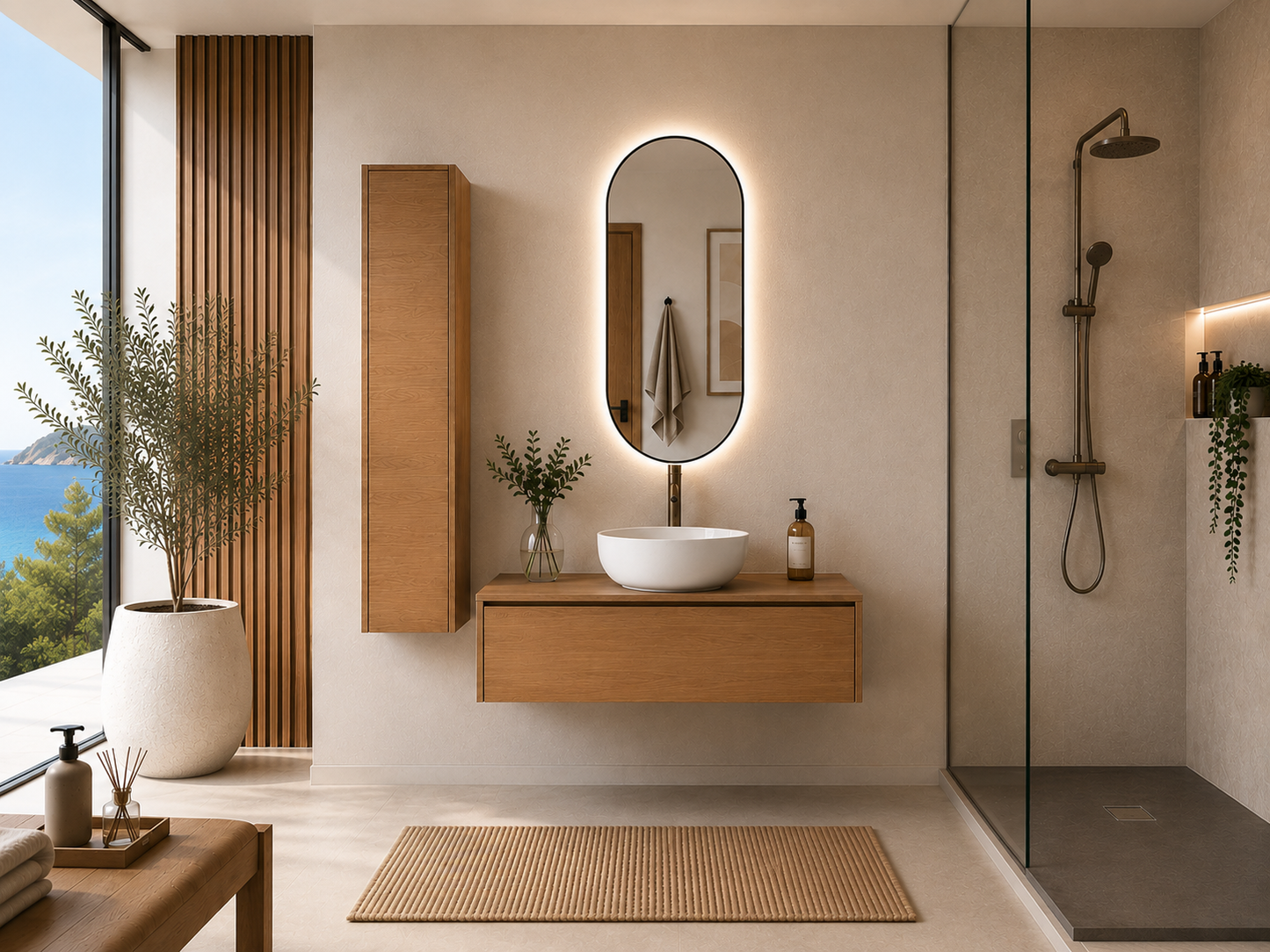 Mueble de baño con lavabo sobre encimera color estepa FORMENTERA
