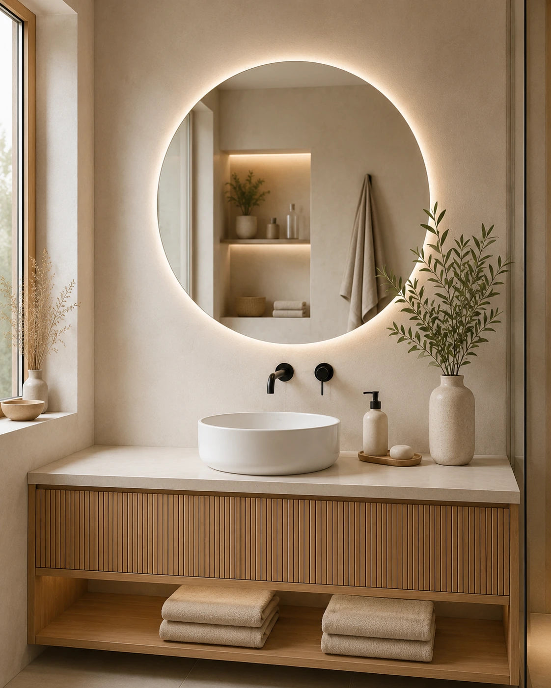 Espejo LED en un baño cálido
